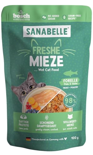 Sanabelle Freshe Mieze - Trucha, Pavo & Pollo | Bolsa de 100 g Totalmente reciclable | Comida húmeda para Gatos cocinada al Vapor | Alimento para Gatos como recién cocinado | Una Marca de Bosch