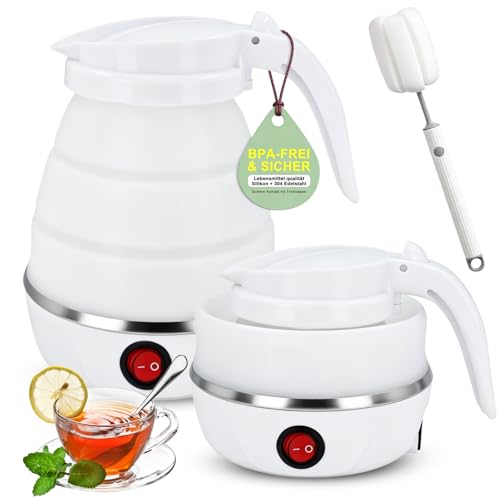 Faltbarer Wasserkocher 600ml Reisewasserkocher Klein Silikon Wasserkocher Camping Faltbar Wasserkessel 5 Minuten Schnelles Kochen Reise Wasserkocher für Reise Camping Büro Outdoor Wandern (Weiß)