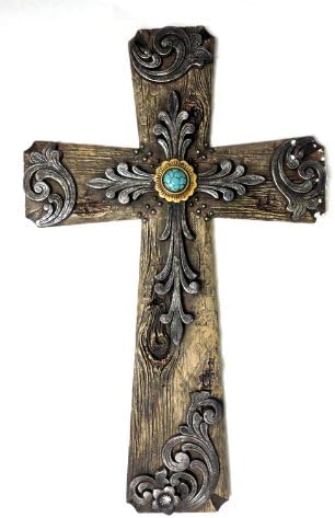 Beautiful Wall Cross with Turquoise Gem Stone, Realistic Wood Texture with Cross in Middle