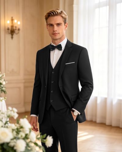 Image of LUPURTY Men's 3 Piece Suit with Bow Tie, One Button Slim Fit Tuxedo Set with Jacket Vest & Pants for Wedding Prom Business