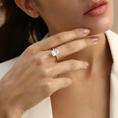 Engagement Rings for Women 14K Gold Plated Rectangle Cubic Zirconia Ring Dainty Gold Promise Ring Wedding Band Rings for Women Trendy Gold Jewelry3