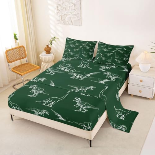 Erosebridal Dinosaur Bed Sheets Set Full Jurassic Sheet Set Triceratops Simple Line Drawing Sheets Pterosaur Hand Drawn Dark Green Flat Fitted Sheet