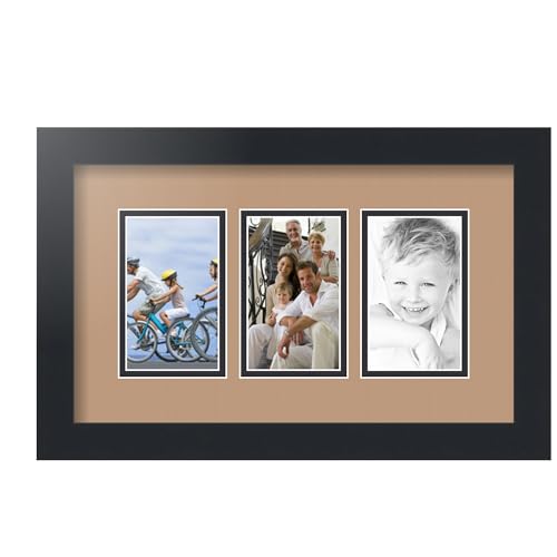 ArtToFrames Collage Picture Frame 3 Opening 3-3x5 Photo Frame | Made in USA | Black Frame Desert Sand and Black Mats | Wall Mount Multi Photo Display 17X11 Full Size