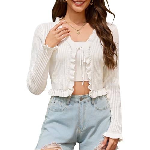 ZLIGXEA Bolero - Cárdigan de punto para mujer, con ribetes de volantes, ligero, informal, con cinta para atar, Blanco, XL