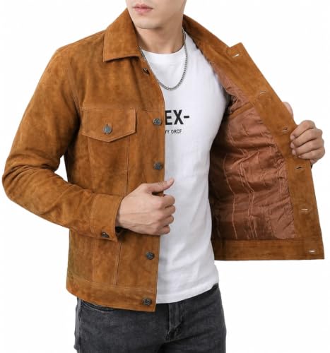 Image of Premium Brown Suede Trucker Leather Jacket Mens | Shirt Collar, Button Front, Chest Flap Pockets, Cuff Buttons, Waist Tab Adjusters, Polyester Lined, Inside Pocket
