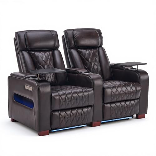 Image of Luxury Home Theater Seating - Power Recliner with Adjustable Headrests, Blue LED Ambient Lighting, Tray Table, USB & Type-C Charging (Dark Brown,2 Seat)