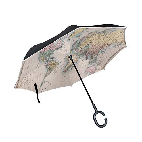 BIGJOKE Paraguas invertido de Doble Capa, diseño Retro de mapamundi, Resistente al Viento, Impermeable, para Auto, al Aire Libre, Viajes, Adultos, Hombres y Mujeres