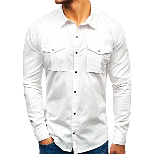 Men's Long Sleeve Hiking Shirts Lightweight Tactical Button Down Cargo Shirt Plain Slim Fit Shirt with Pockets (White,Small)