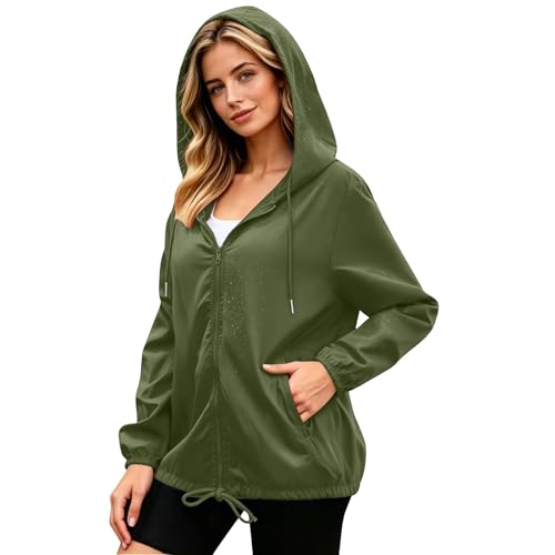 BUERCWS Women's Waterproof Raincoat Lightweight Hooded Rain Jacket Drawstring Windbreaker with Pockets for Outdoor womens rain jacket with hood Army Green S - image 6