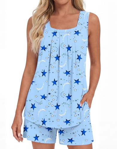 Image of LONGYUAN Womens Sleeveless Pajama Set Soft Summer Lounge Shorts Tank Top Sleepwear with Pockets 2 Piece Set M-3XL