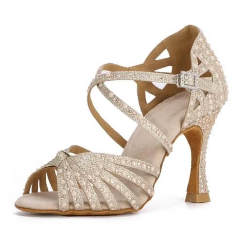 Syrads Femmes Strass Chaussures De Danse De Salon Chaussures De Salsa Latine Chaussures De Danse De Salon À Bretelles Croisées,Champagne Or 9cm Heel,39 EU