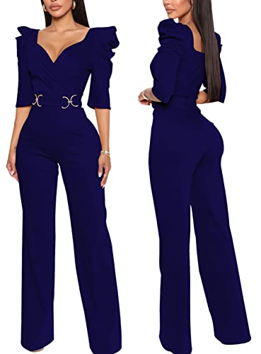 Dark Blue Elegant Bodycon Sexy 1/2 Puff Sleeve Deep V Neck Wide Leg Pants Clubwear Rompers With Zipper #TOP6
