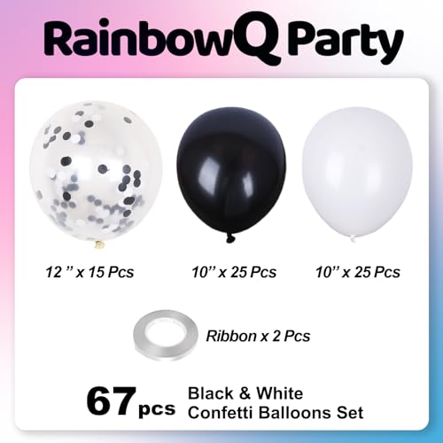 Image of RainbowQ 67Pcs 12 Inch Black and White Confetti Latex Helium Balloons | White Black Balloons Latex Helium Shiny Balloon Set for Graduation Anniversary Birthday Party Decorations