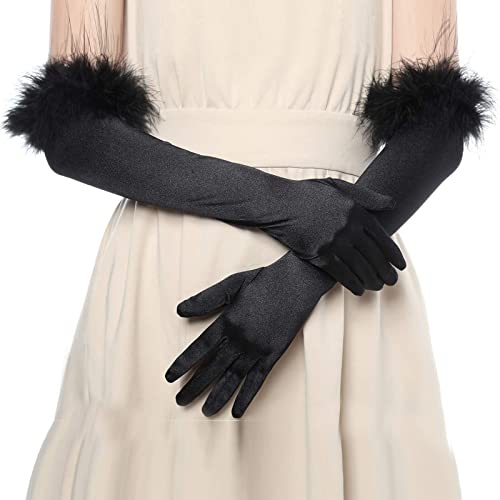 Faxianther Women's Black Satin Long Gloves with Feather - Image 2