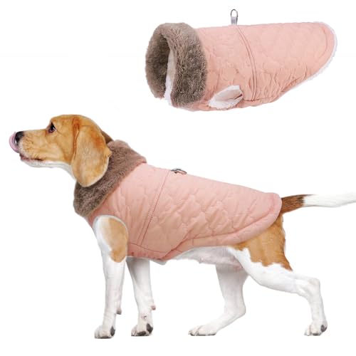 Image of BEAUTYZOO Warm Dog Puffer Jacket Vest, Dog Winter Coat with Harness, Pink L | Puffer Jacket Vest with Built-in Harness & Fur Collar, Padded Fleece, Windproof Waterproof, Small Medium Puppy in Snow & Cold