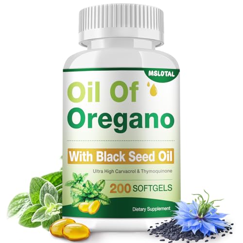 MSLOTAL Oil of Oregano with Black Seed Oil – 200 Count Oregano Oil Capsules Organic, Immune & Digestive Support, Antioxidant Support, Non-GMO, Gluten-Free