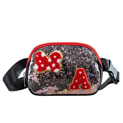 Chenille Initial Letter Bow Mouse Fanny Pack Waterproof Park Crossbody Bag Christmas Birthday Gifts for Teen Girls Daughter Cute Belt Bag for Kids. (A 905Black)