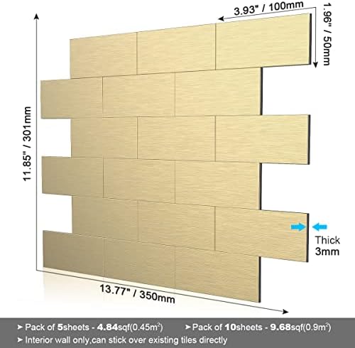 BeNice Peel and Stick Wall Tiles Stickers,Subway Tiles Self Adhesive Splashbacks Bathroom Tiles Metal Adhesive Tiles(5sheets,Gold)
