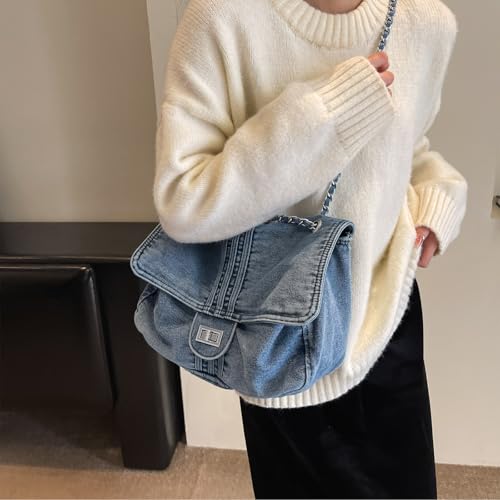 Image of Large Denim Purses for Women Denim Tote Bag Casual Retro Crossbody Lightweight Shoulder Bag Canvas Handbags