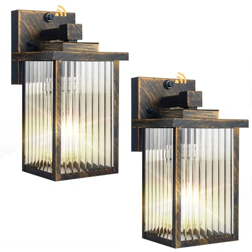 Image of 2 Pack Outdoor Wall Lights with Dusk to Dawn Sensor, Waterproof Exterior Lights for House Porch and Garage, Black Brush Gold Metal Wall Sconce with Textured Glass