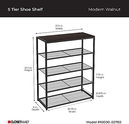 ClosetMaid-5-Tier-Shoe-Rack-Storage-Organizer-with-Wood-Top-Shelf-4-Metal-Mesh-Shelves-for-15-Pairs-of-Shoes-Modern-WalnutBlack ClosetMaid 5 Tier Shoe Rack Storage Organizer with Wood Top Shelf 4 Metal Mesh Shelves for 15 Pairs of Shoes Modern WalnutBlack