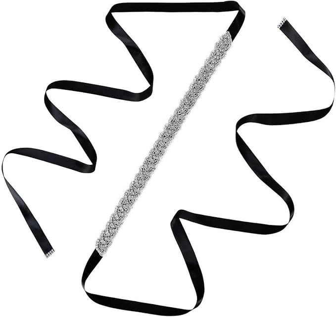 Rhinestone Bridal Sash Belt, Black and White Ribbon, Wedding Dress Accessory