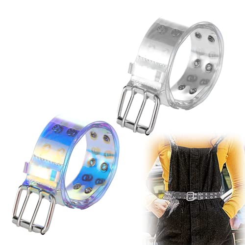 2 Stück Transparenter PVC Gürtel Farbe Transparenter Gürtel Doppelter Ösengürtel Damen Gürtel Mode TransparenterJeans Gürtel Retro Doppel Loch Gürtel Rock Gürtel für Damen Teenager Jeansgürtel Cover