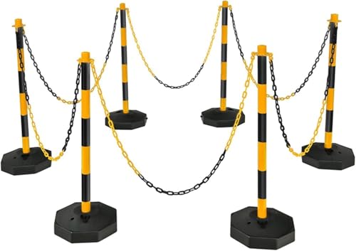 Berry 6 Traffic Safety Delineator Posts - Yellow & Black | Adjustable Barrier Poles with Fillable Base and 12 Meter Plastic Chain | Portable Indoor Queue & Access Control Posts with S Hooks