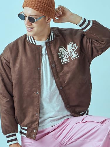 Image of Bewakoof Men's Standard Length Embroidered Oversized Fit Full Sleeve Round Neck Suede Jacket