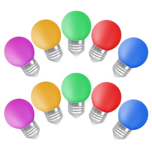 Gemischte Farben G45 Mini LED 1W Glühbirne, E27 Standard Base Mehrfarbige Glühbirnen, 10 Watt Äquivalent, Weiß Gelb Grün Rot Blau für Hochzeit Halloween Weihnachtsfeier Bar Stimmungsdekoration, 10er