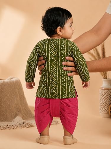 Image of Pspeaches Boys Rayon Full Sleeves Round Neck Bandhani Print Angrakha Kurta and Dhoti Pant 2 Piece Set|Ethnic Wear For Cute Baby Boys|Traditional & Festive Outfit