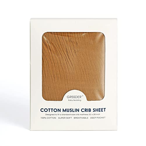 Image of GRSSDER Soft Muslin Crib Sheet 1 Pack, 100% Cotton Crib Sheets for Boys and Girls, Fit Standard Crib Mattresses 52 inch x 28 inch Safe and Snug, Fall Yellow