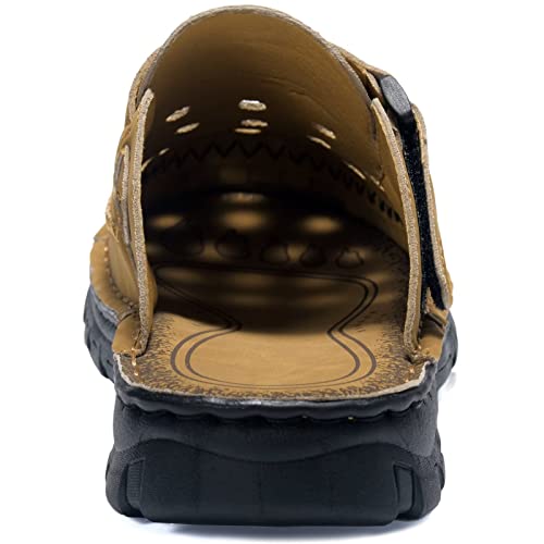 Buguki Clogs Mens Mules Summer Leather Sandals Closed Toe Outdoor Beach Garden Clogs Shoes For Male Khaki 47 #TOP4