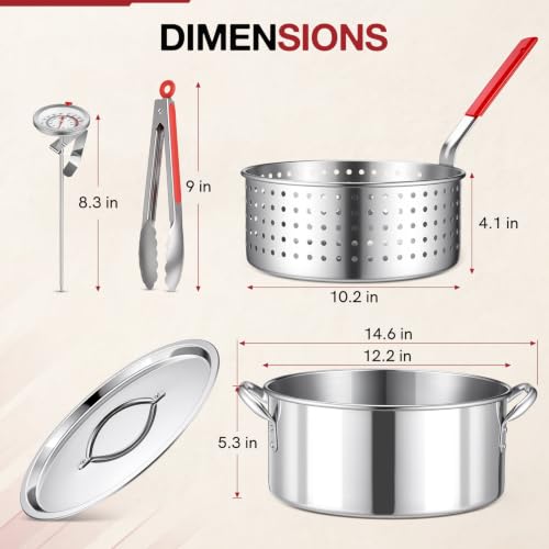 Image of 10 QT Stainless Steel Deep Fryer Pot with Basket Lid Tongs Thermometer