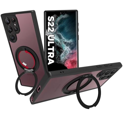 Image of RIGGEAR Shockproof Sleek Hybrid Armor 360 Rotating Magnetic Ring Stand Back Cover Case Compatible with MagSafe Accessories for Samsung Galaxy S22 Ultra (Transprent PC and Black TPU Bumper)