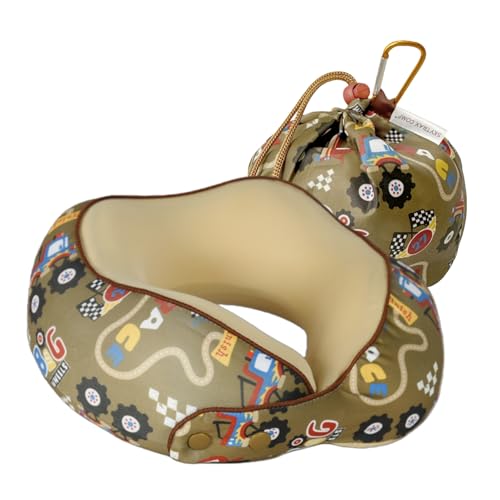 SKYTRAX Certified Kids Safe Memory Foam Travel Neck Pillows for Kids and Toddlers Cute Cartoon Design Car Seat & Airplane Head Neck Support Adjustable Snap Buttons Washable Soft Cover (Racecar)
