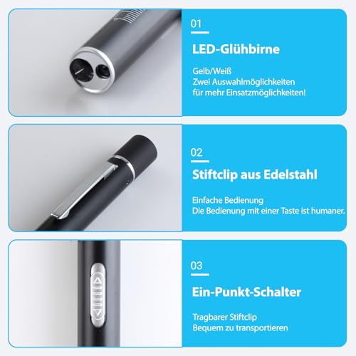 KEWAYO Pen Light, USB wiederaufladbare LED Taschenlampe mit Pupillenmaß, Edelstahl-Clip, duale Lichtquelle, Taschenlampe für Zuhause und Outdoor-Aktivitäten