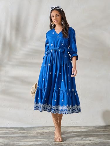 Image of Styli Women Blue V-Neck Wrap Contrast Embroidered Midi Dress | Three-Quarter Sleeves, Flattering Wrap Style, Soft Cotton |Perfect Dress for Casual & Evening Events