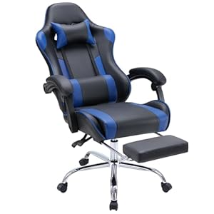 DUMOS Ergonomic Gaming Desk Chair – PU Leather Recliner with Footrest, Lumbar Support, Headrest, Fixed Armrests, Height Adjustable, 360° Swivel, Blue, for Adults