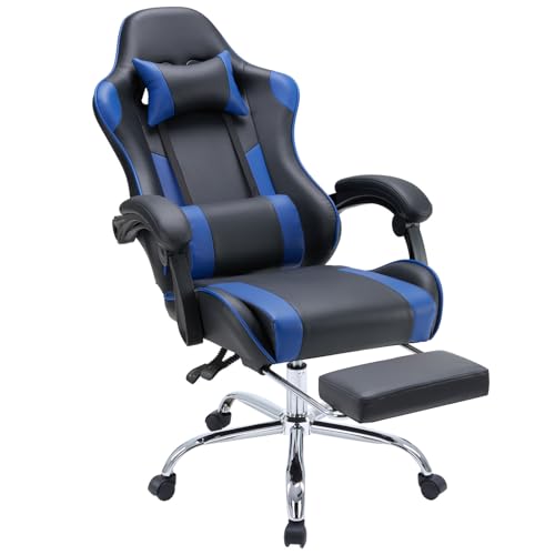 DUMOS Ergonomic Gaming Desk Chair - PU Leather Recliner with Footrest, Lumbar Support, Headrest, Fixed Armrests, Height Adjustable, 360° Swivel, Blue, for Adults