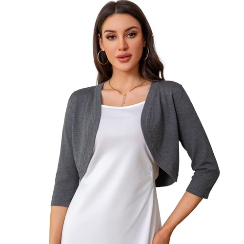 Image of Women's Cropped 3 /4 Sleeve Knit Cardigan - Open Front Bolero Shrug (Dark Gray-M)