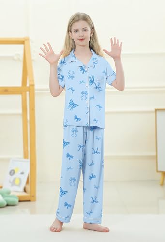 Umeyda Girls Pajamas Set Button Down Notch Collar Soft Short Sleeve Pjs Set with Long Pant Set Lounge Set3