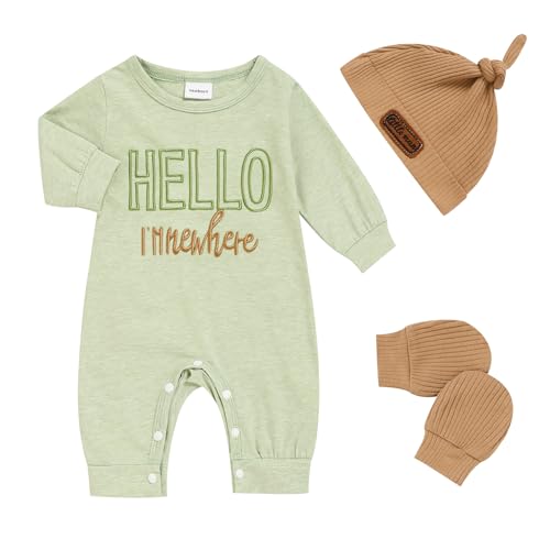 Image of ZOELNIC Newborn Romper Baby Boy Cotton Jumpsuit New Baby Hat Gloves Romper Coming Home Clothes Outfits