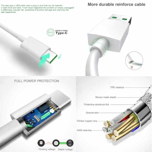 Image of 65W USB Type C Cable for Oppo Reno 9 Pro + |Reno 9 Pro |Reno 9 |A1 Pro |K10x |Reno 8 Pro |Reno 8|,1m,White