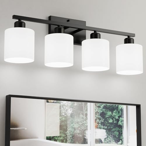 Image of 24 Inches Black Vanity Lights for Bathroom E26 Base White Lampshape