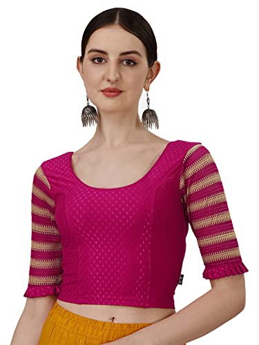 Image of SFT Round Neck Cotton Lycra Stretchable Laced Elbow Sleeves Readymade Saree Blouse for Women Stylish (Shibani