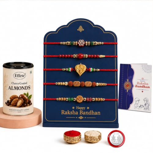 Image of DeoDap Rakhi with Chocolate for Brother - Mix Design Stylish Multicolor Rakhi 5 Pcs with Almond Chocolate 96gms, Greeting Card, Silver Color Pooja Coin & Tilak Set - Traditional Raksha Bandhan Festive Combo Pack
