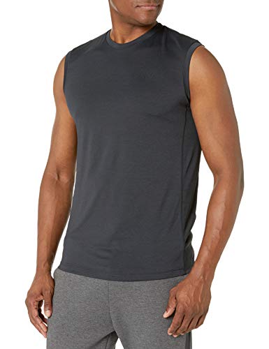 Amazon-Marke: Peak Velocity Herren VXE-T-Shirt, ärmellos, schnelltrocknend, Multi-Fit, Schwarz (Black Heather), US M (EU M)