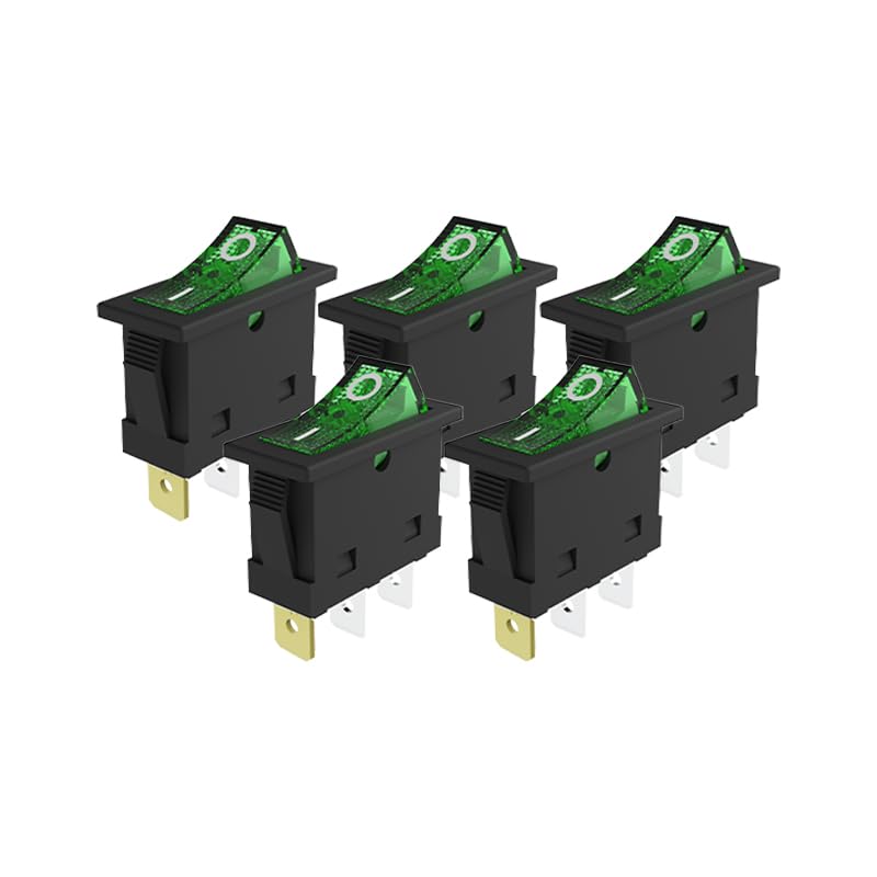 5PCS KCD3 SPST 30A36V Illuminated LED On/Off SPST 3 Pin 2 Position Mini Boat Rocker Toggle Switch Snap for Househould UL Certification (Green, DC36V 30A)