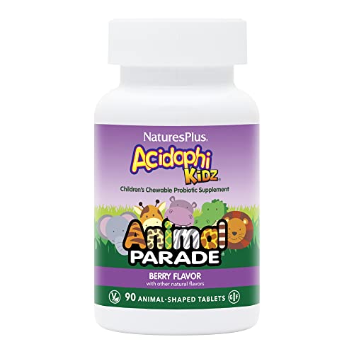 NaturesPlus Animal Parade AcidophiKidz, Berry Flavor - 90 Chewable, Animal-Shaped Tablets - with Probiotics, FOS & Grape Seed - 90 Total Servings